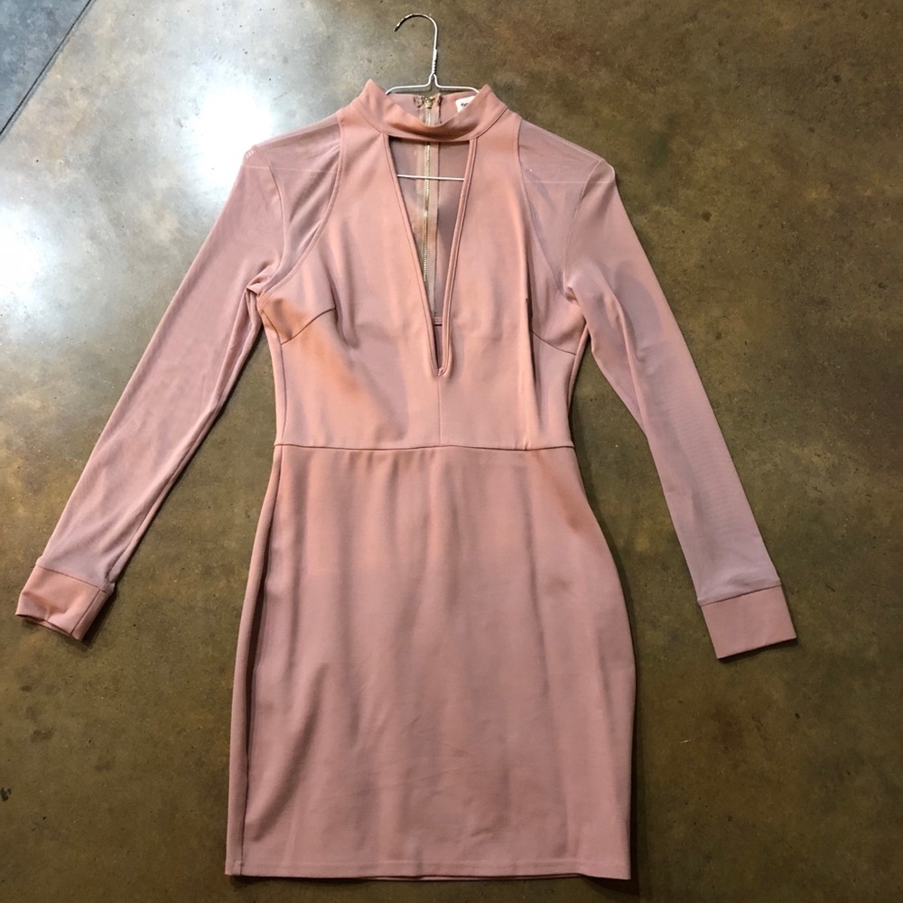 Blush dress with deep V and mesh back